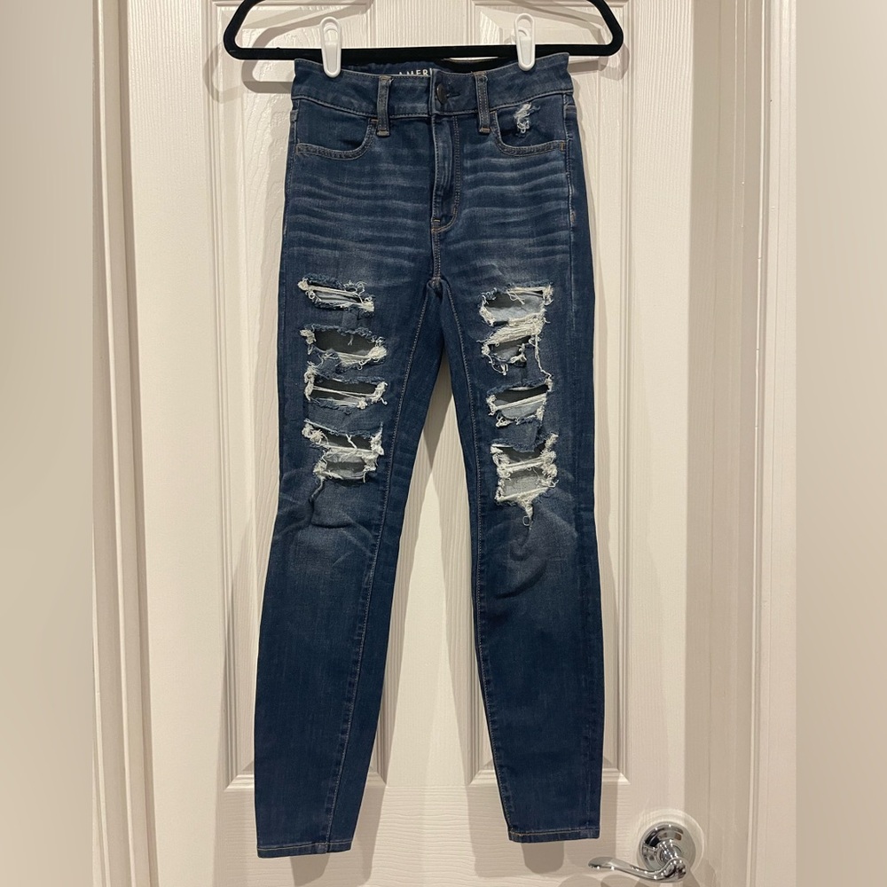 Dark Wash Blue Ripped Skinny Jeans American Eagle Next Level Stretch